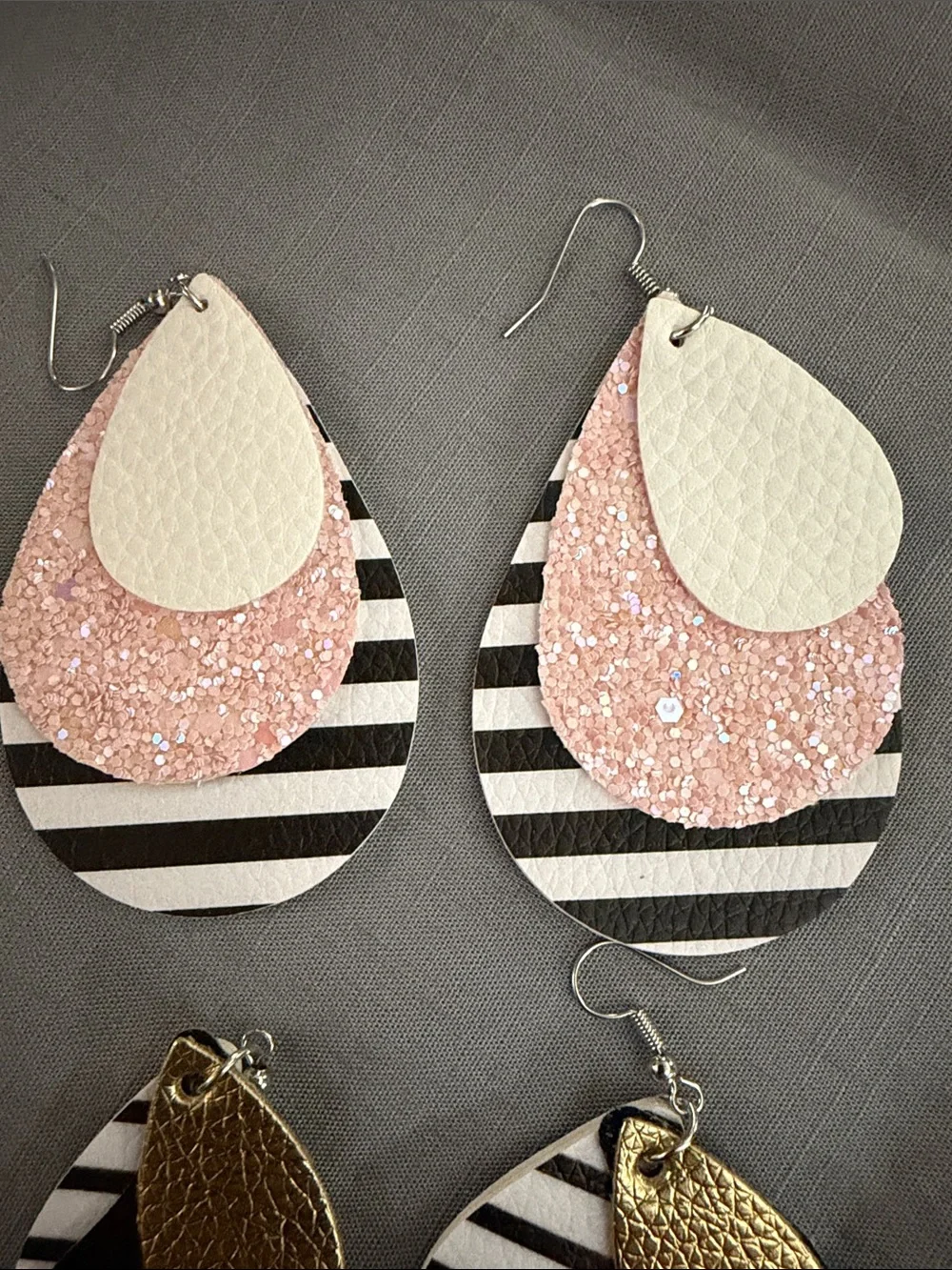 Pink, Gold & Black Layered Teardrop and Leaf Earrings